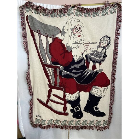 Vintage 1992 Christmas Tapestry Woven Throw Blanket Santa Doll Cozy 48 x 67 in - Picture 1 of 11